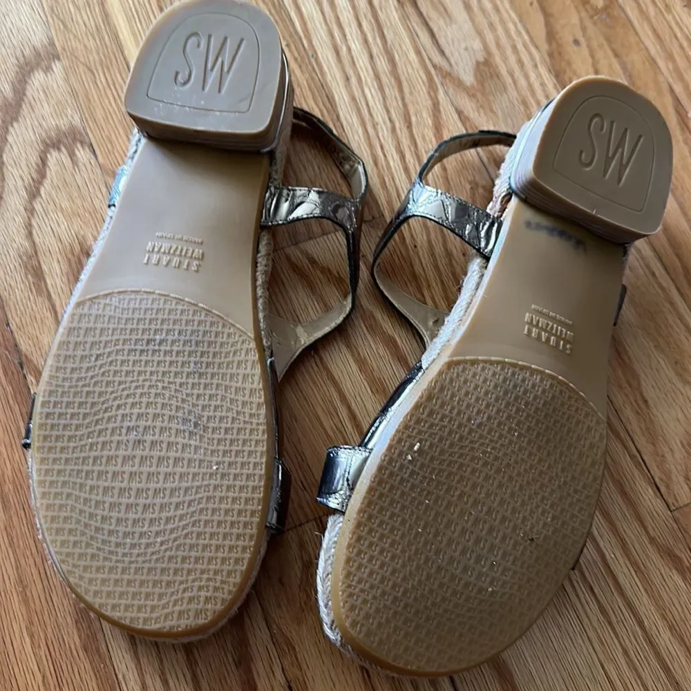 Stuart Weiztman sz 8 gold espadrilles with heel alligator print straps good cond